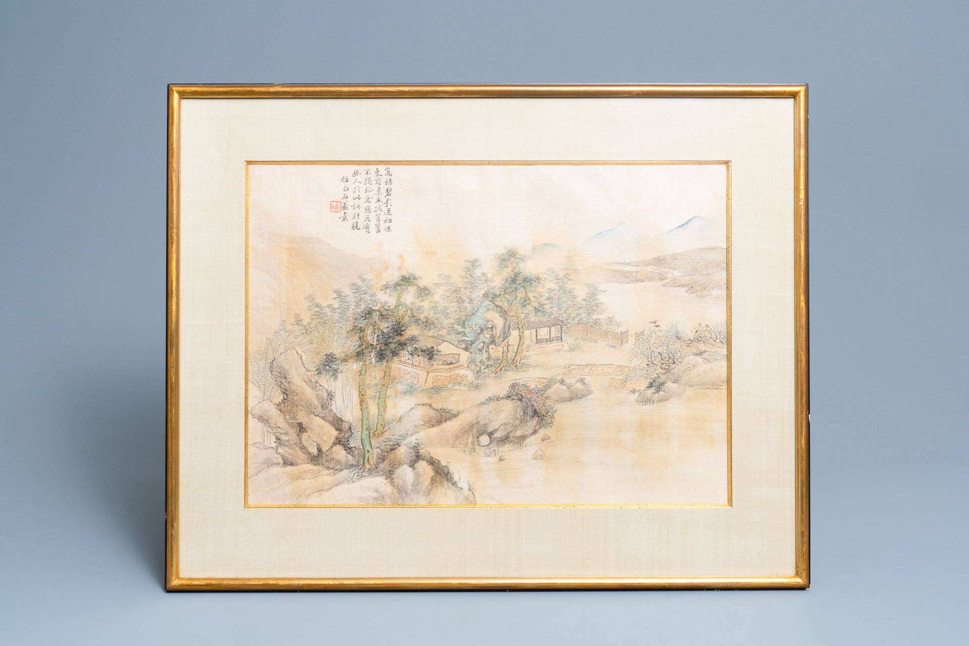 Chinese school, ink and colour on silk, 20th C.: Three landscape views - Image 3 of 10