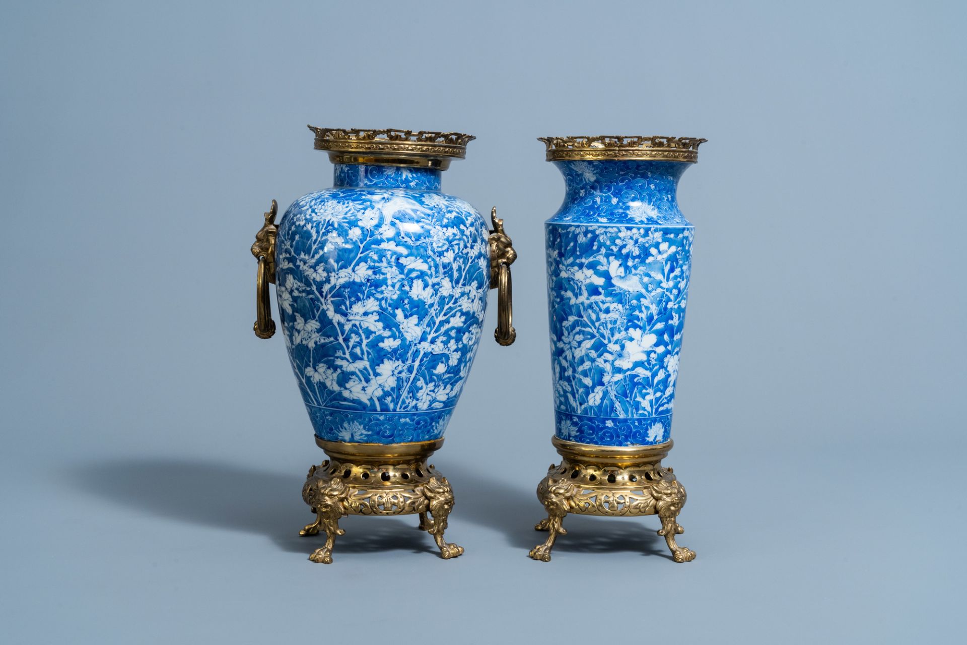 Two Japanese blue and white gilt brass mounted Arita vases, Meiji/Taisho, 20th C. - Image 2 of 7
