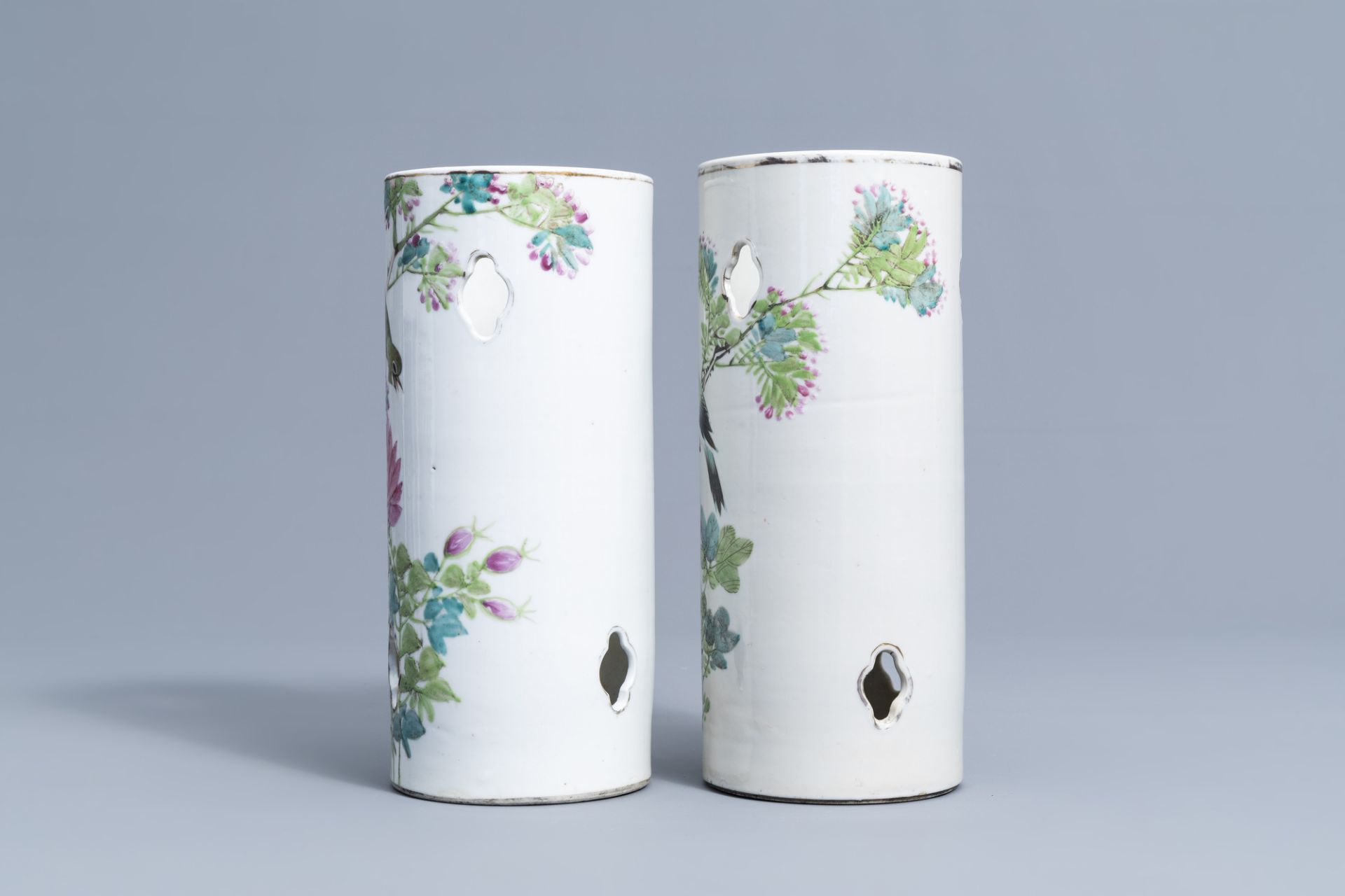 Two reticulated Chinese qianjiang cai hat stands with birds among blossoming branches, 19th/20th C. - Image 5 of 7