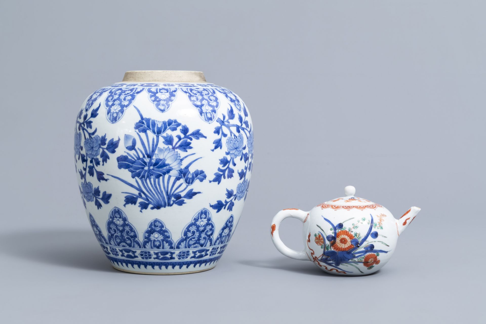 A Chinese blue and white jar and a verte-Imari teapot and cover with floral design, Kangxi and later - Image 2 of 7