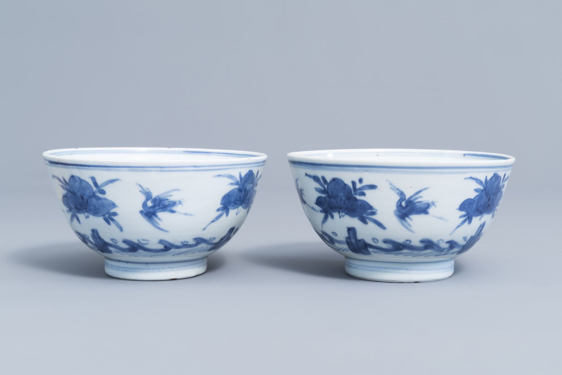 Two Chinese blue and white bowls with cranes and peaches, Ming