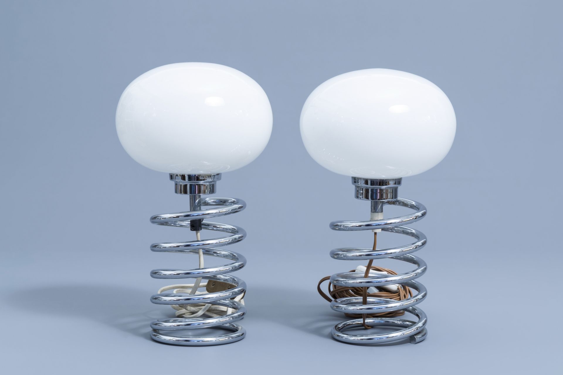 A pair of chromed metal spiral table lamps, presumably Ingo Mauer for M-Design, Germany, 1970s - Image 3 of 7