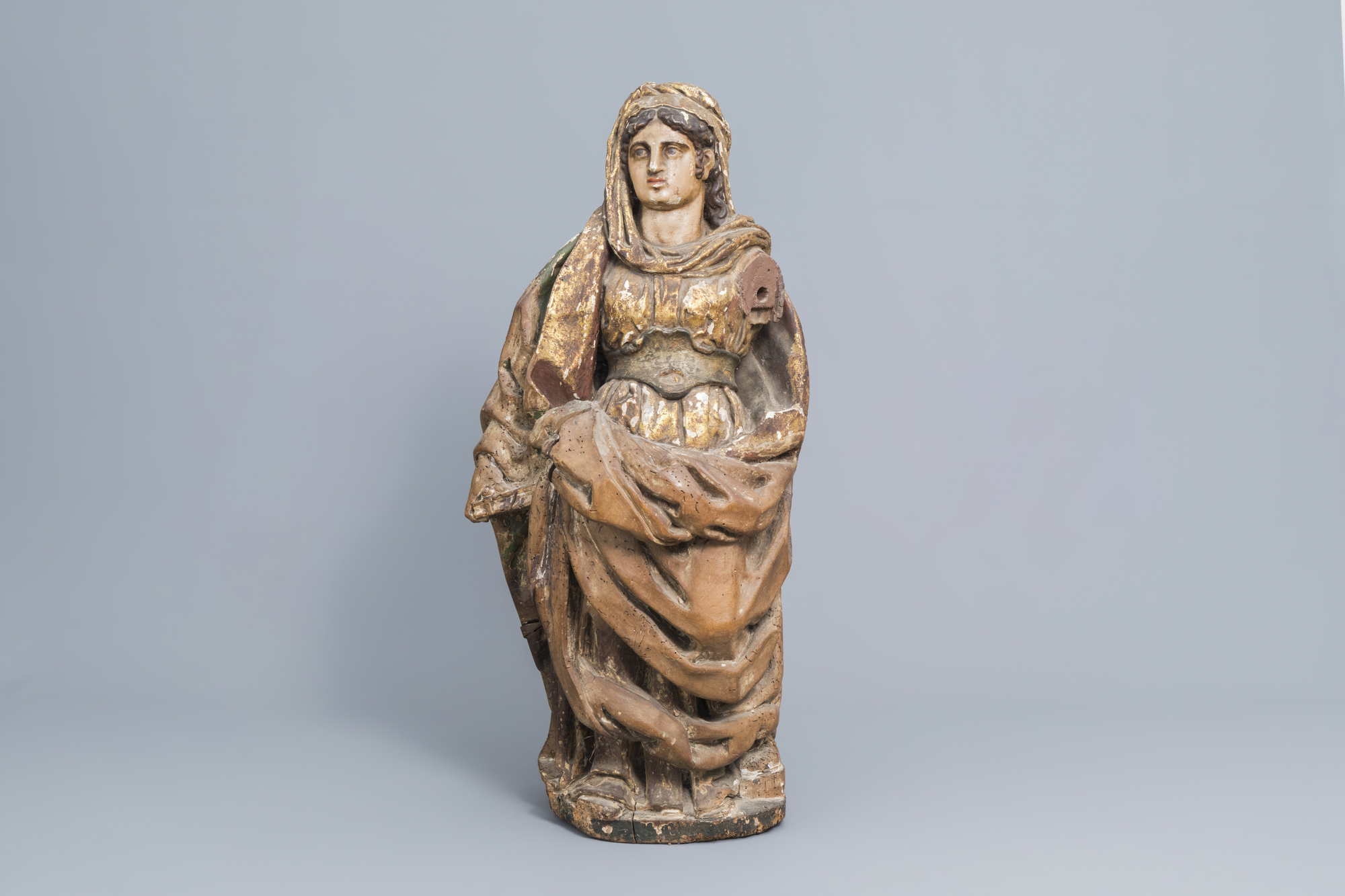 A Southern European carved, gilt and polychrome painted wooden figure, possibly Saint Barbara, 18th - Image 2 of 7