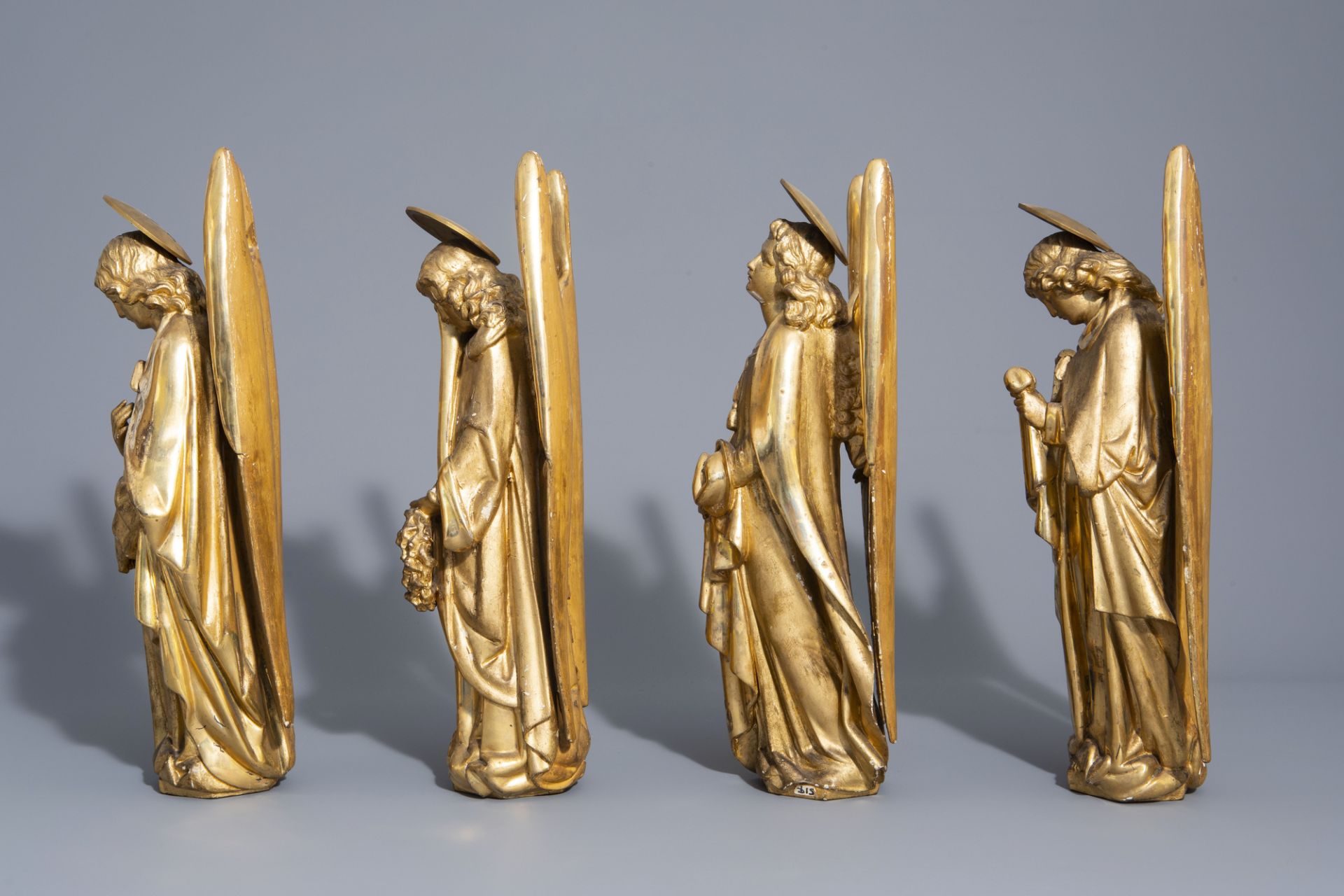 Four Gothic revival gilt wood angel statues with Arma Christi, 19th C. - Image 5 of 7