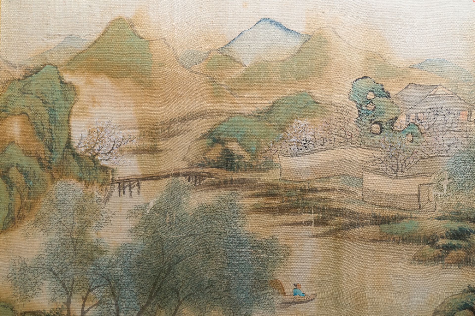 Chinese school, ink and colour on silk, 20th C.: Three landscape views - Image 6 of 10