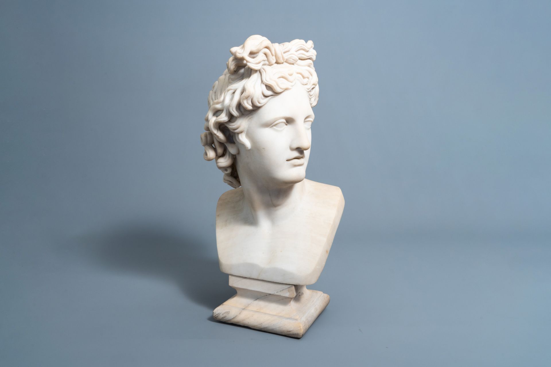 Italian school, after the antique: Bust of the Apollo Belvedere, white marble, ca. 1800