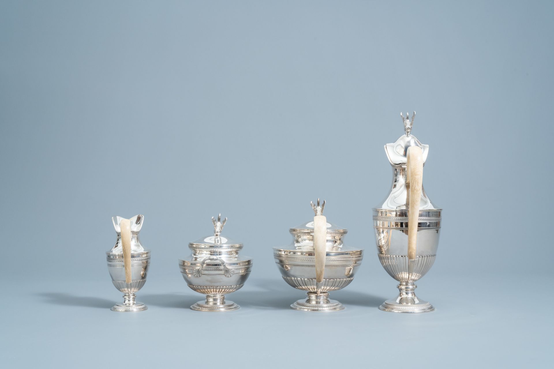 A four-piece silver Directoire style tea set with ivory handles, 800/000, 19th/20th C. - Image 3 of 12