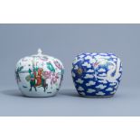 A Chinese famille rose jar and cover with figurative design and a blue ground 'dragon' jar, 19th C.