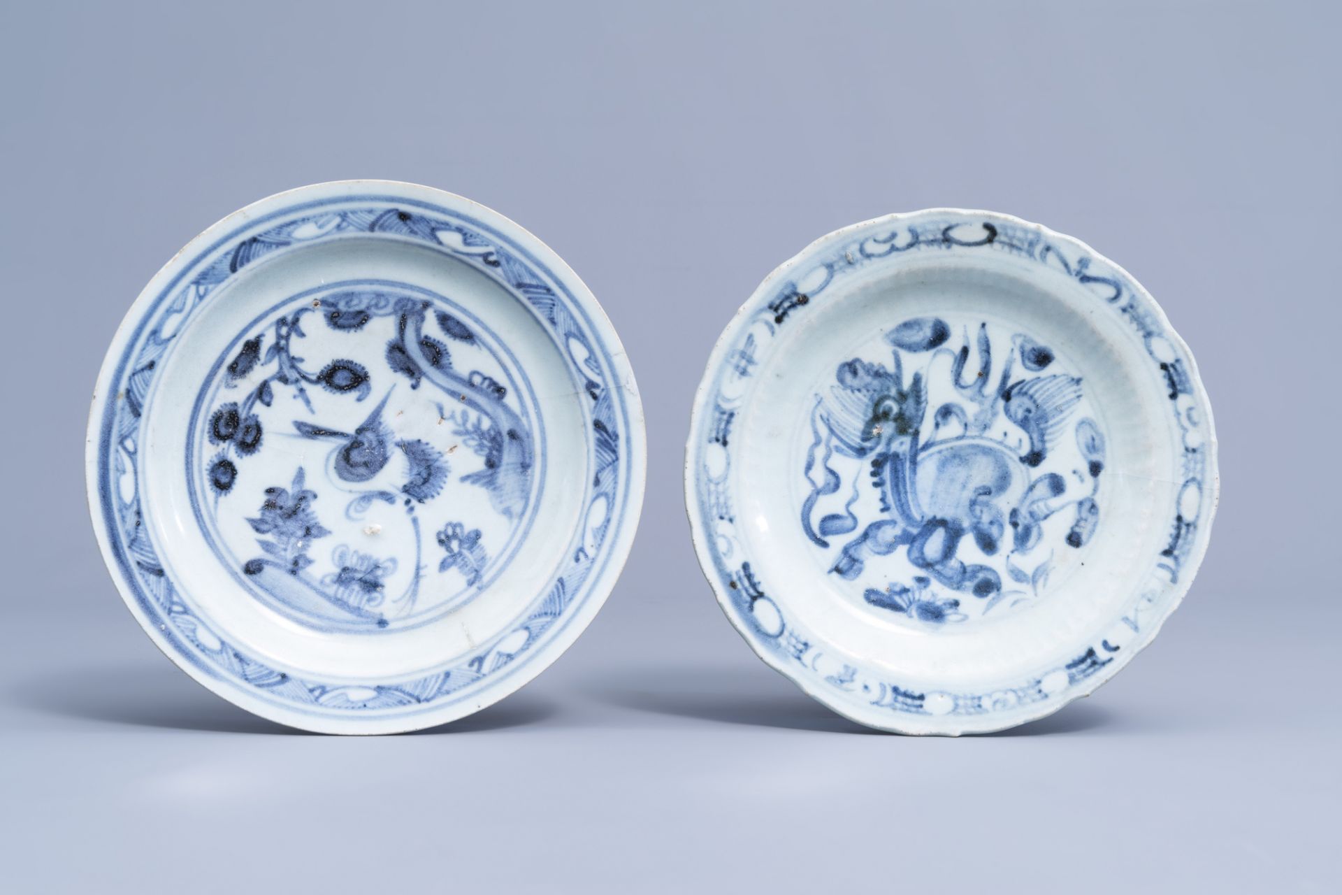 Two Chinese blue and white plates with a mythical creature, Ming