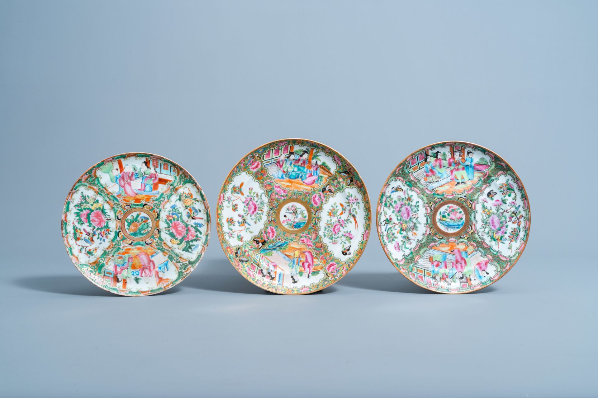 Ten various Chinese Canton famille rose plates and saucers, 19th/20th C. - Image 2 of 7