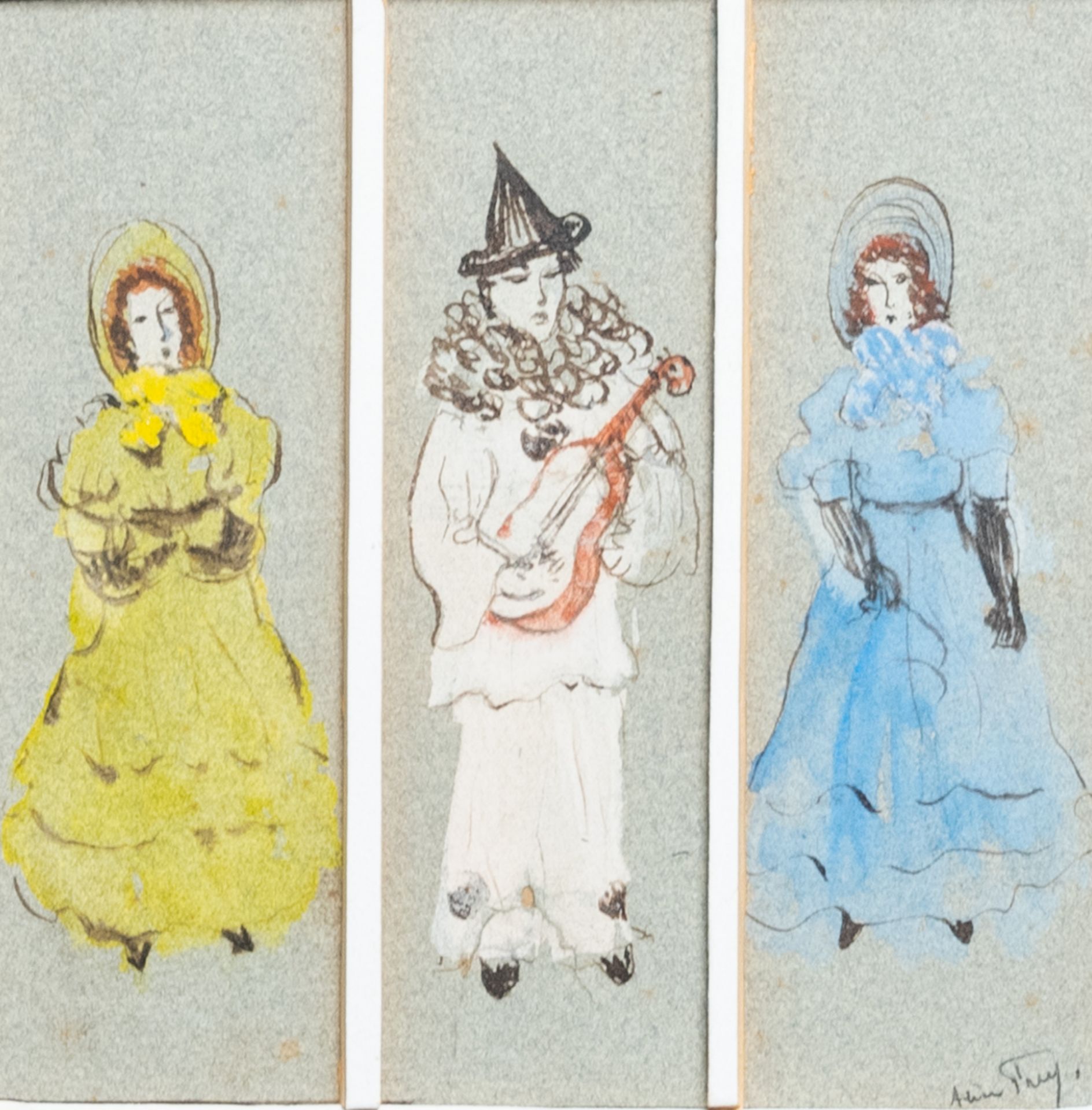 Alice Frey (1895-1981): Two ladies and Pierrot, mixed media on paper