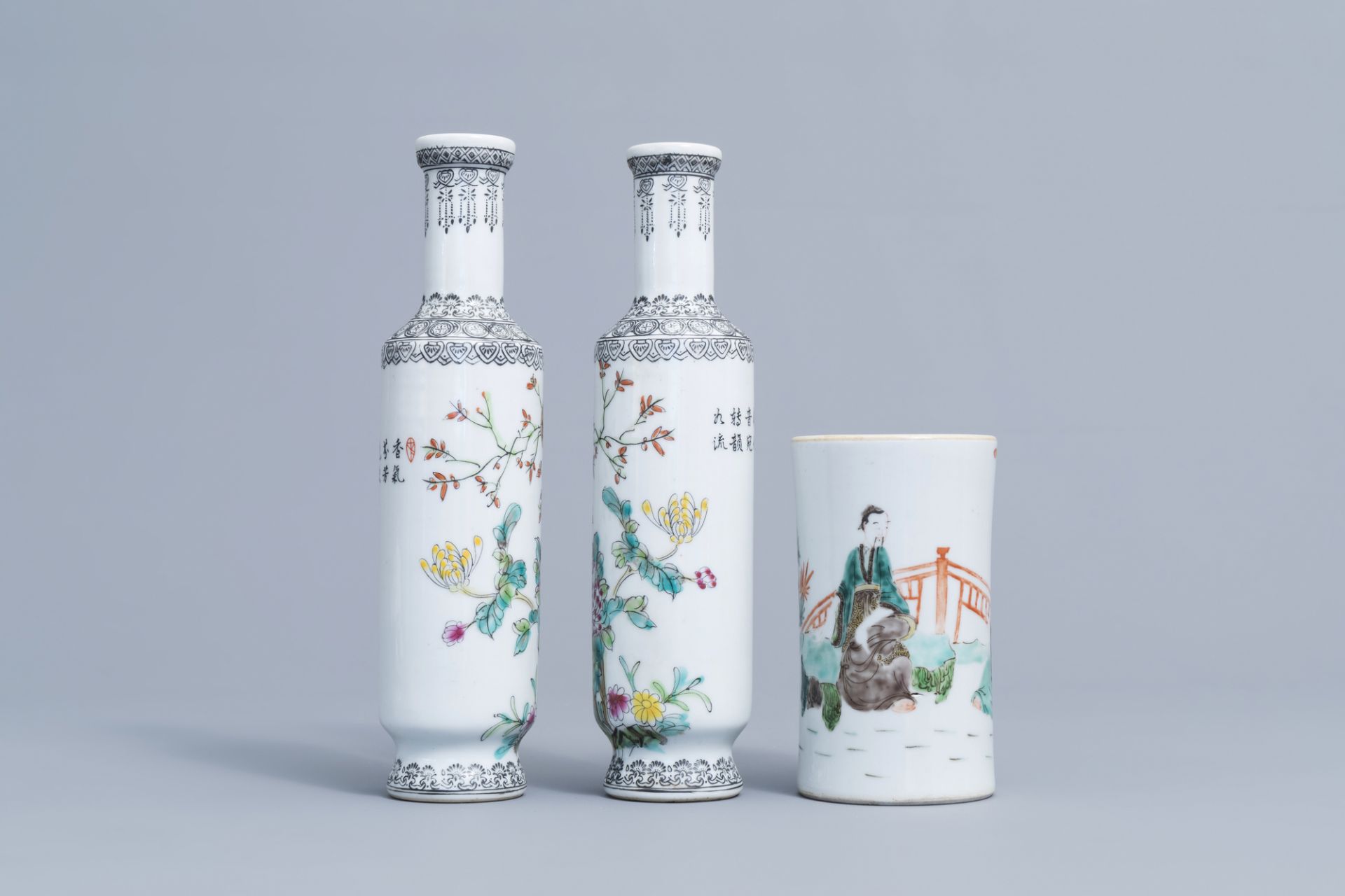 Six various Chinese famille rose vases and a famille verte 'scholars' brush pot, 20th C. - Image 9 of 13