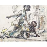 Alfred Ost (1884-1945): A lady with her bulldog, ink and watercolour on paper