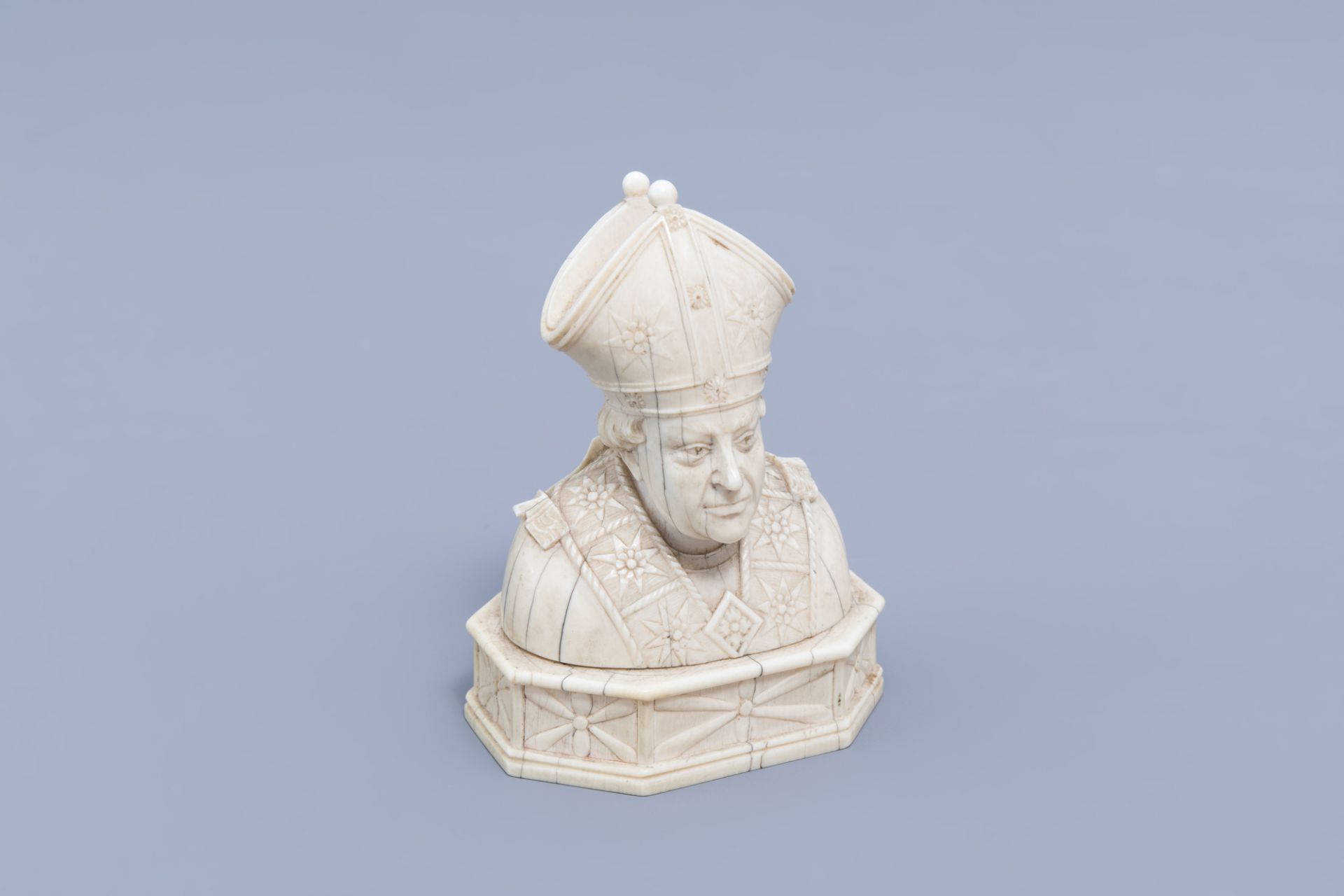 A French carved ivory bishop bust shaped reliquary, Dieppe, 19th C.