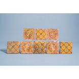 Eight Flemish slip decorated redware tiles with lions and a geometric design, 18th C.