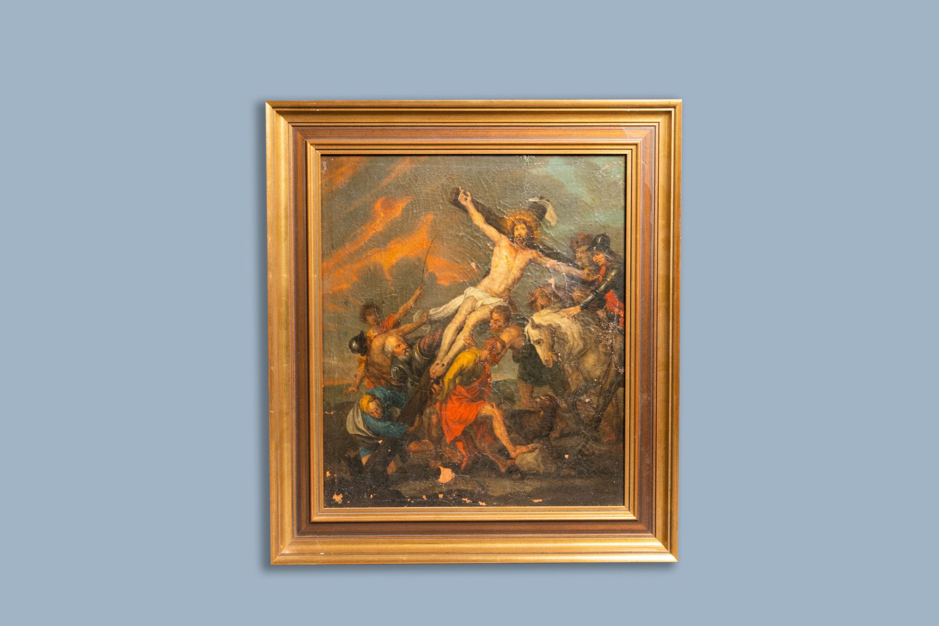Flemish school, after Jacob Andries Beschey (1710-1786): The raising of the cross, oil on canvas mar - Image 2 of 3