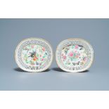 A pair of Chinese reticulated oval Canton famille rose 'butterfly' dishes, 19th C.