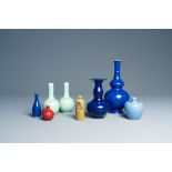 Seven various Chinese monochrome vases and a snuff bottle with relief design, 20th C.