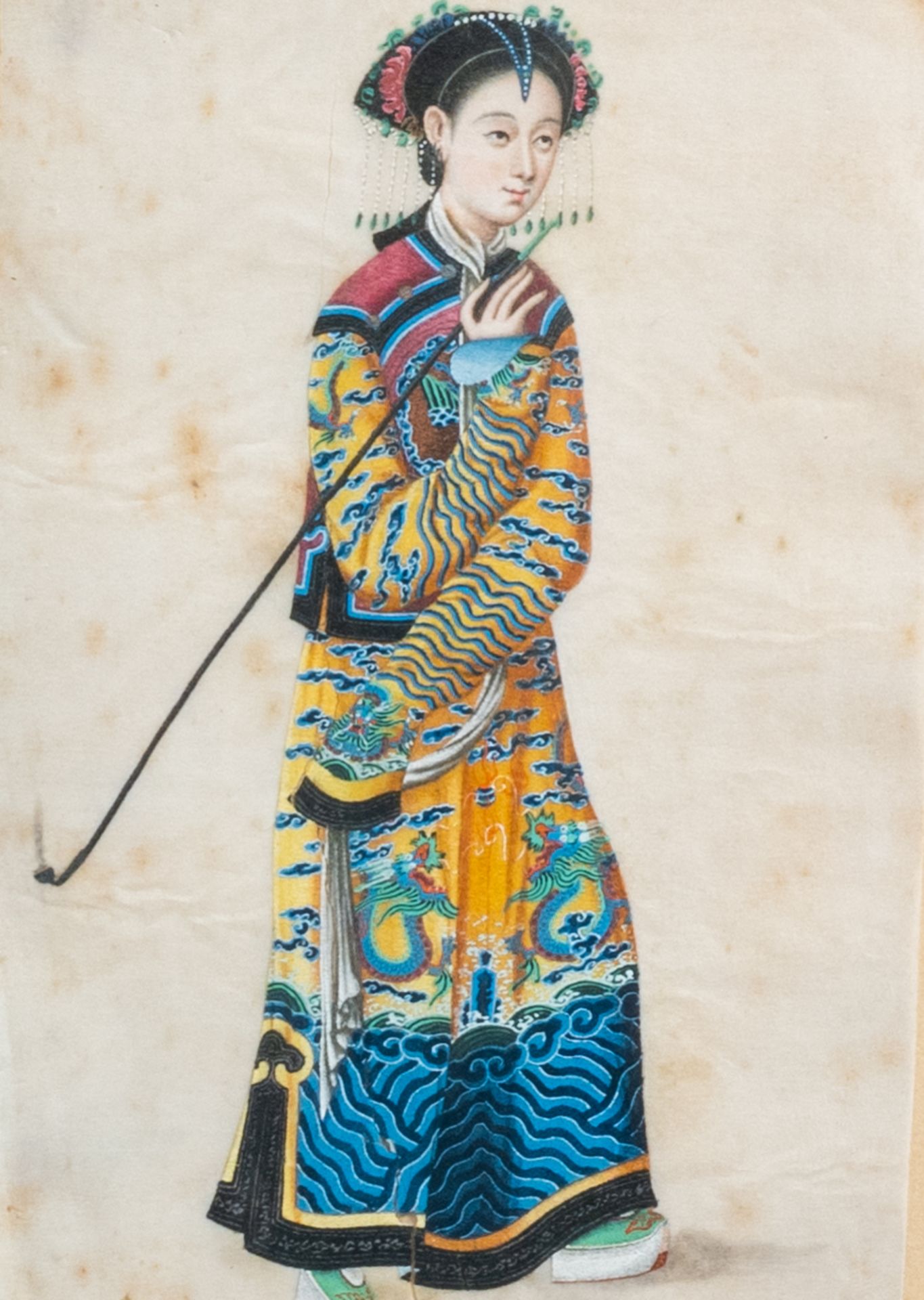 Chinese school, ink and colours on pith paper, 19th C.: Three works with a figure - Image 2 of 5