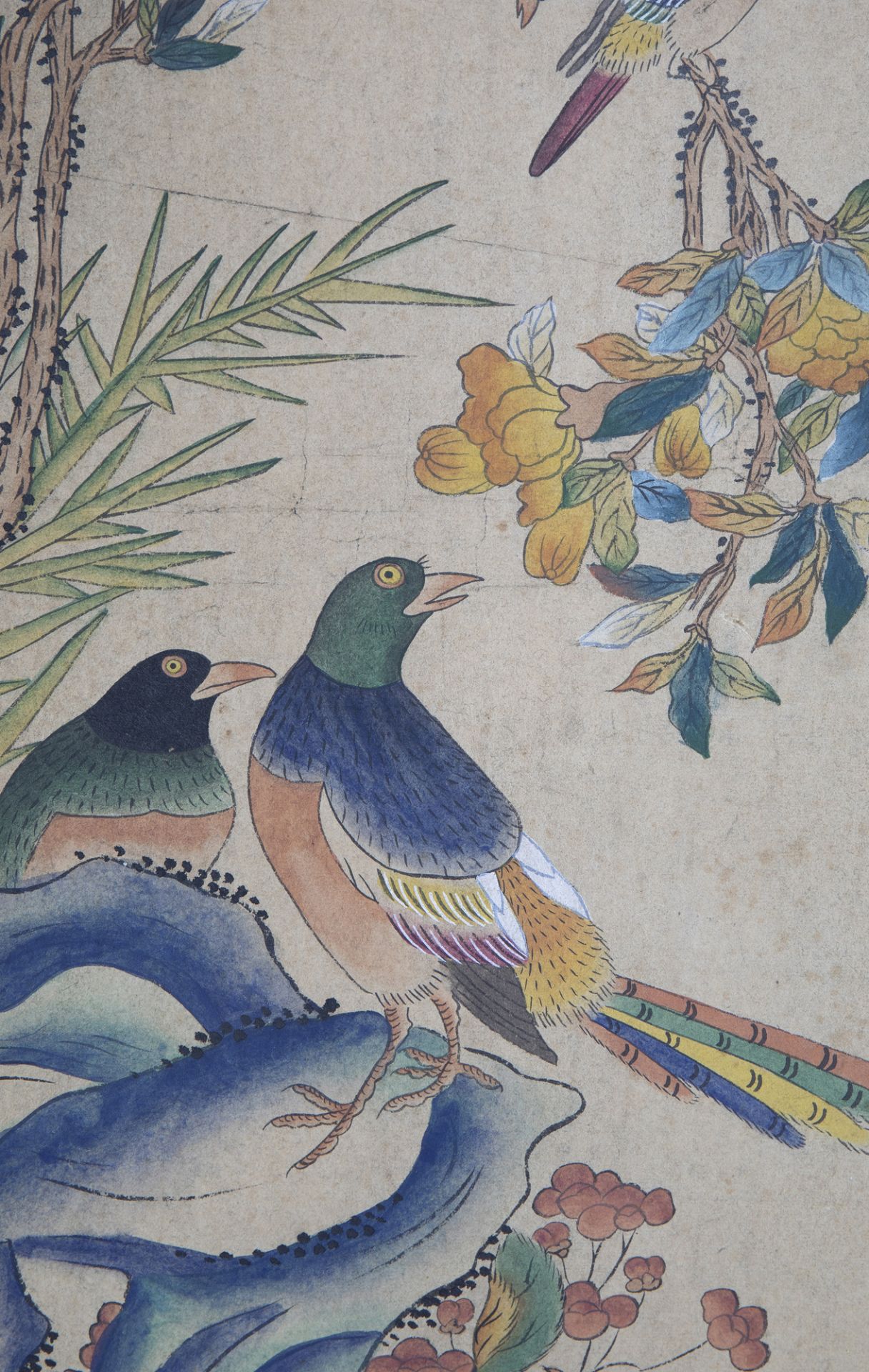 A Chinese six-fold painted silk room divider with birds on blossoming branches, 20th C. - Image 6 of 7