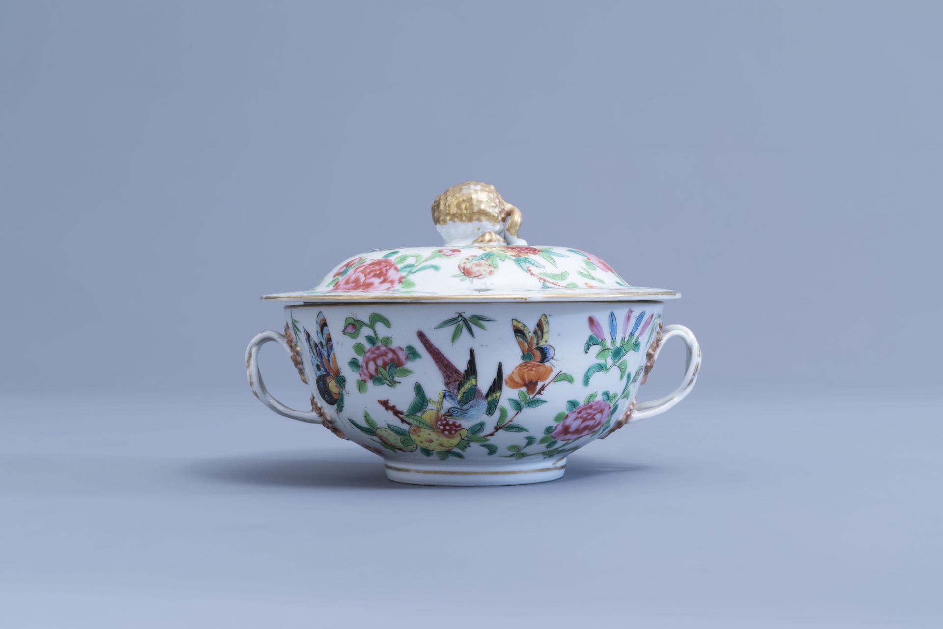 A Chinese Canton famille rose bowl and cover and a dish with birds, butterflies and insects among bl - Image 6 of 9