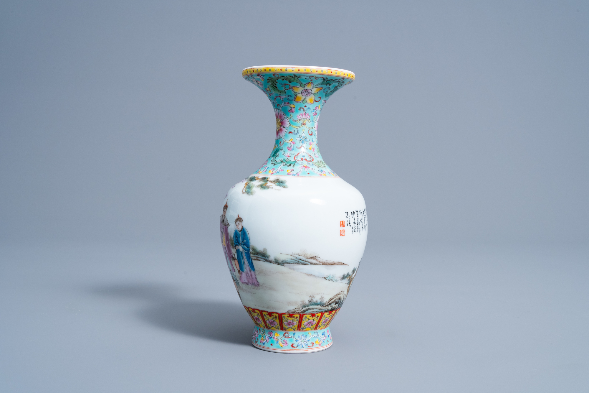 A Chinese famille rose vase with figures in a landscape, Qianlong mark, 20th C. - Image 2 of 6