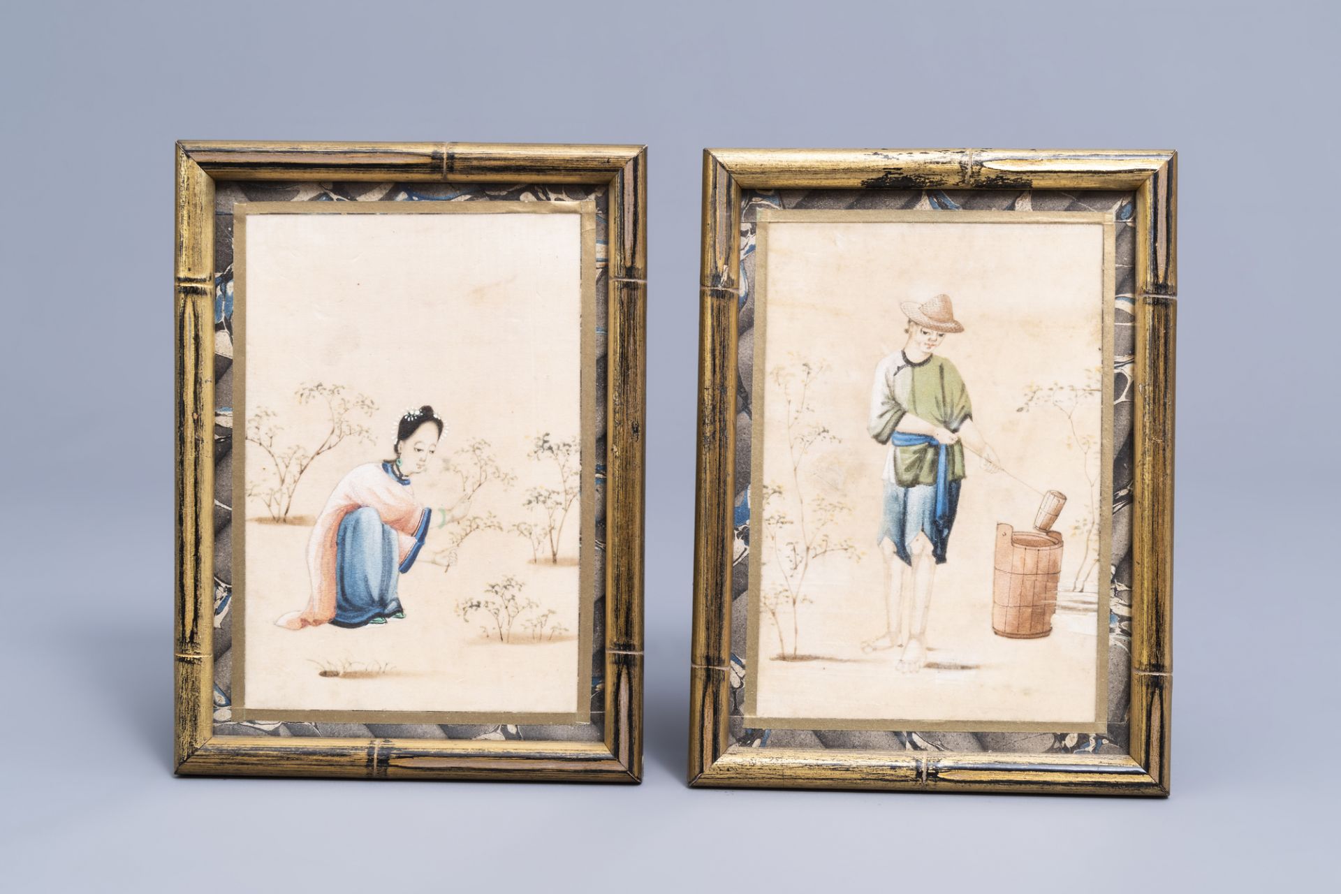 Chinese school, ink and colours on pith paper, 19th C.: Eight works depicting the tea production - Image 13 of 20