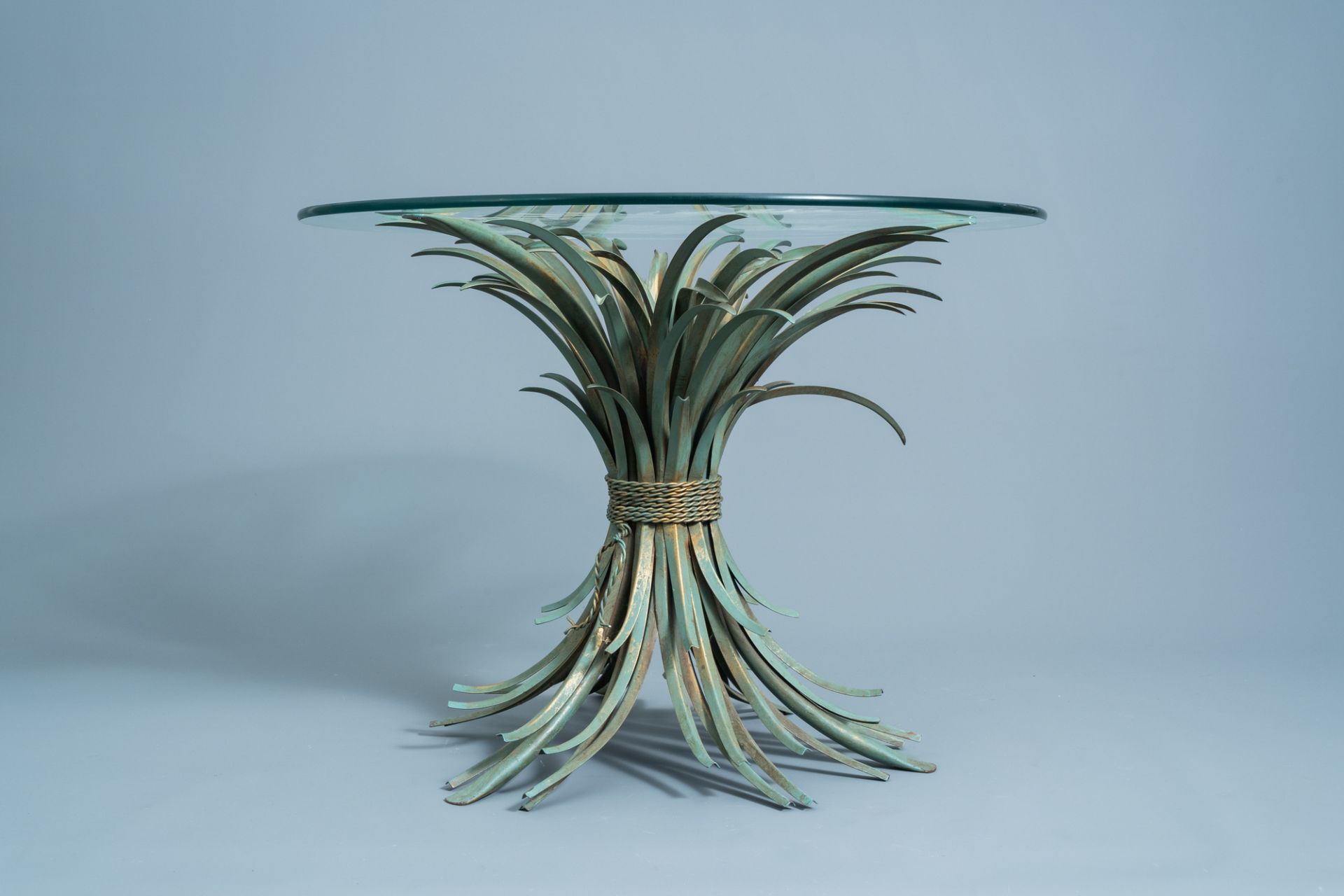 A vintage Coco Chanel style patinated metal coffee table with glass top, second half of the 20th C. - Image 3 of 7