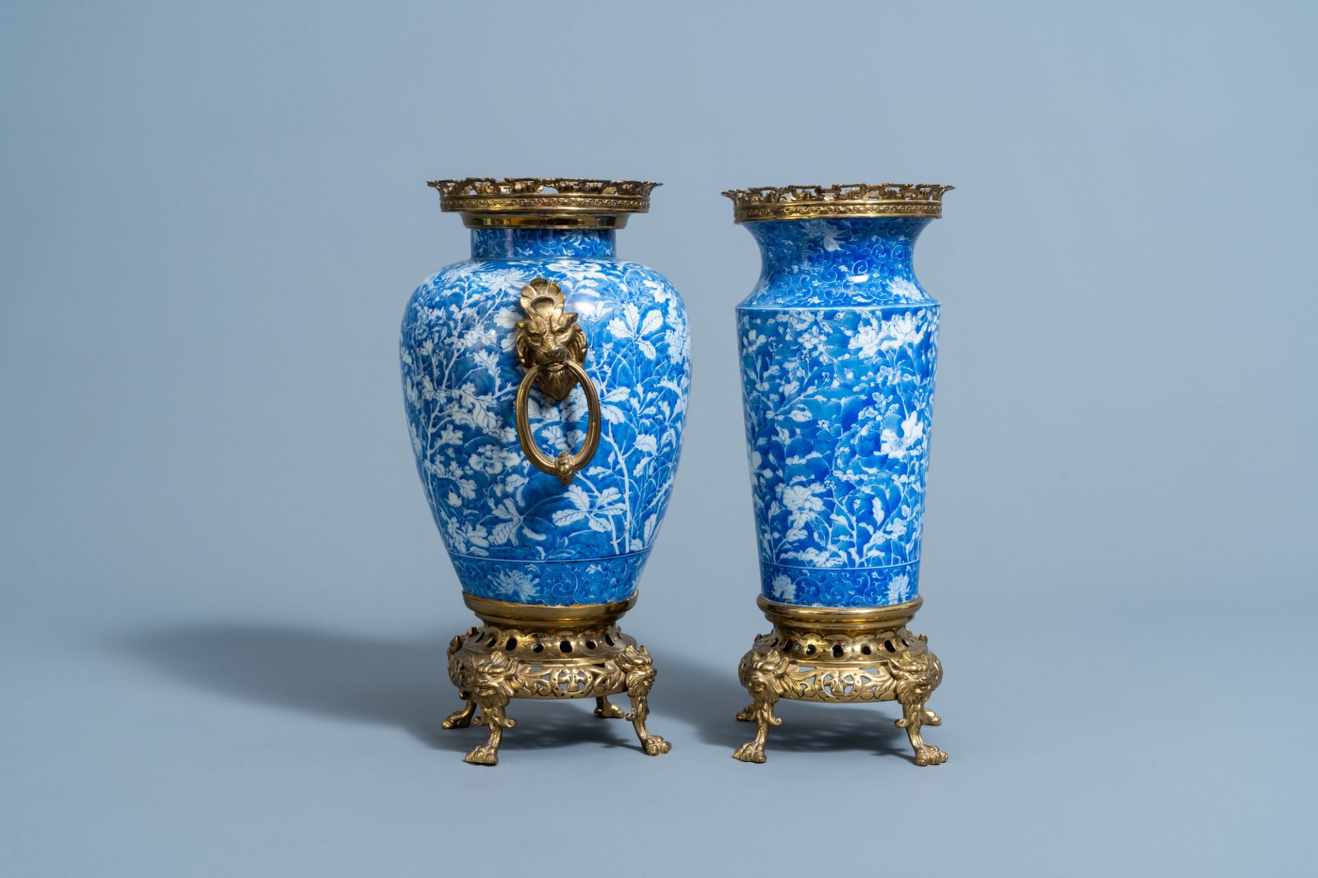 Two Japanese blue and white gilt brass mounted Arita vases, Meiji/Taisho, 20th C. - Image 3 of 7