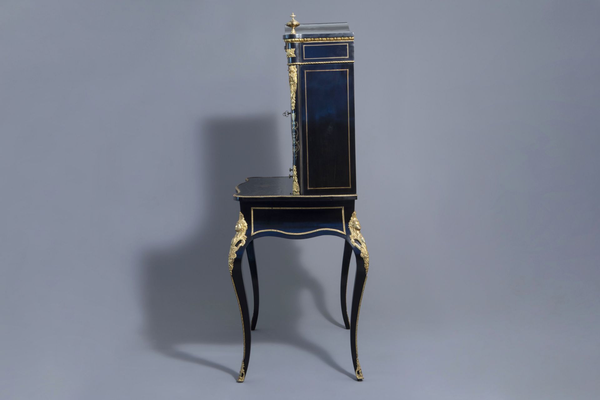 A French ebonised wooden brass inlaid and gilt bronze mounted bonheur du jour, Napoleon III, 19th/20 - Image 9 of 23