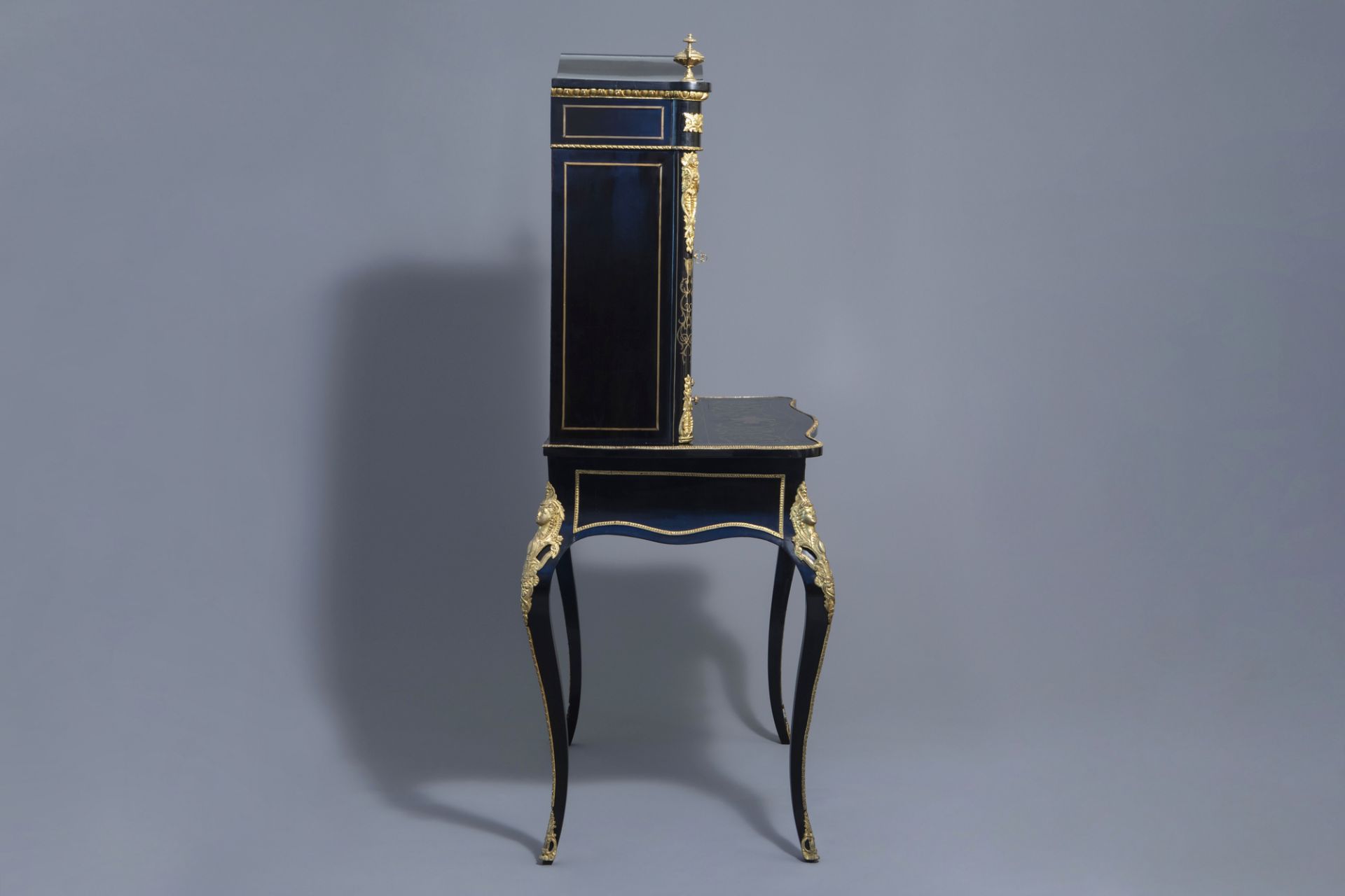 A French ebonised wooden brass inlaid and gilt bronze mounted bonheur du jour, Napoleon III, 19th/20 - Image 7 of 23