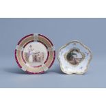 Two polychrome and gilt porcelain saucers with a veduta and a lovely scene, Vienna and Meissen, 19th