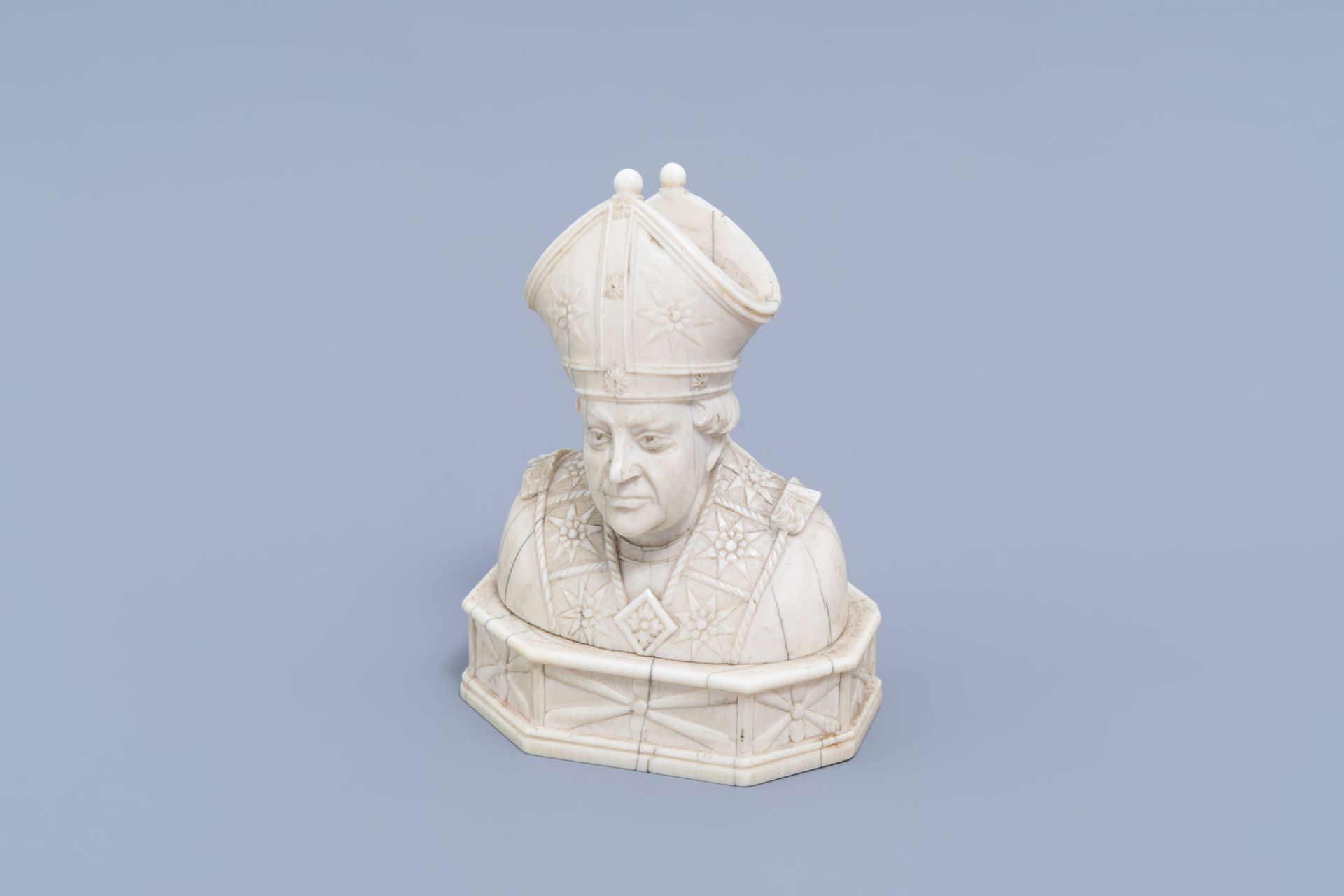 A French carved ivory bishop bust shaped reliquary, Dieppe, 19th C. - Image 2 of 11