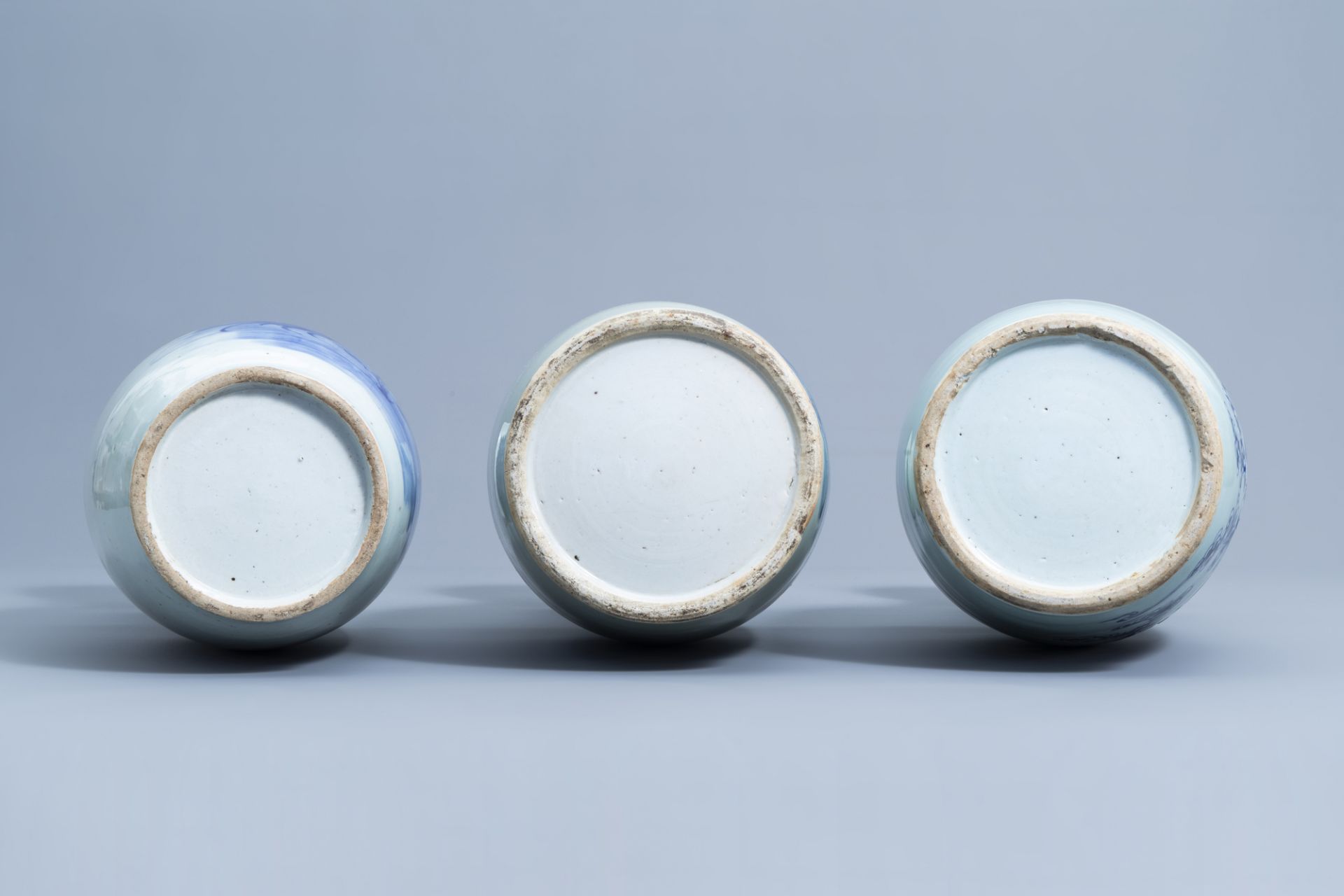 Three various Chinese blue and white celadon ground vases, 19th/20th C. - Image 7 of 7