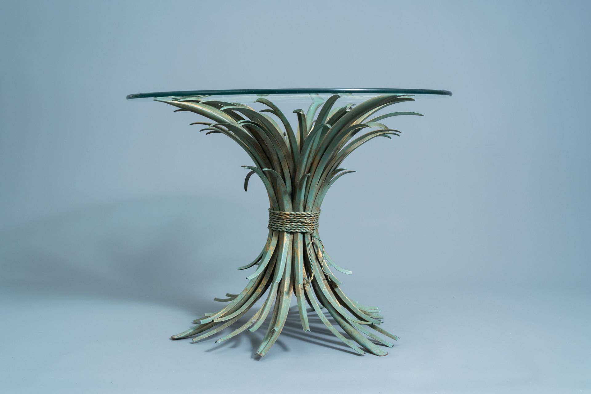 A vintage Coco Chanel style patinated metal coffee table with glass top, second half of the 20th C. - Image 2 of 7