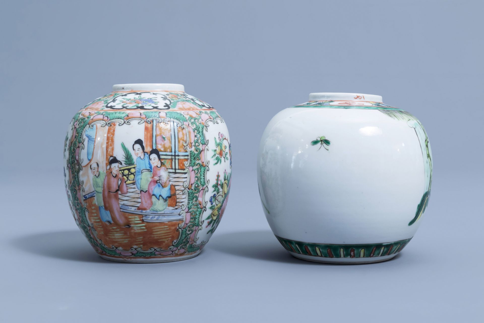 Seven various Chinese famille rose, famille verte, blue and white jars, 19th/20th C. - Image 12 of 25