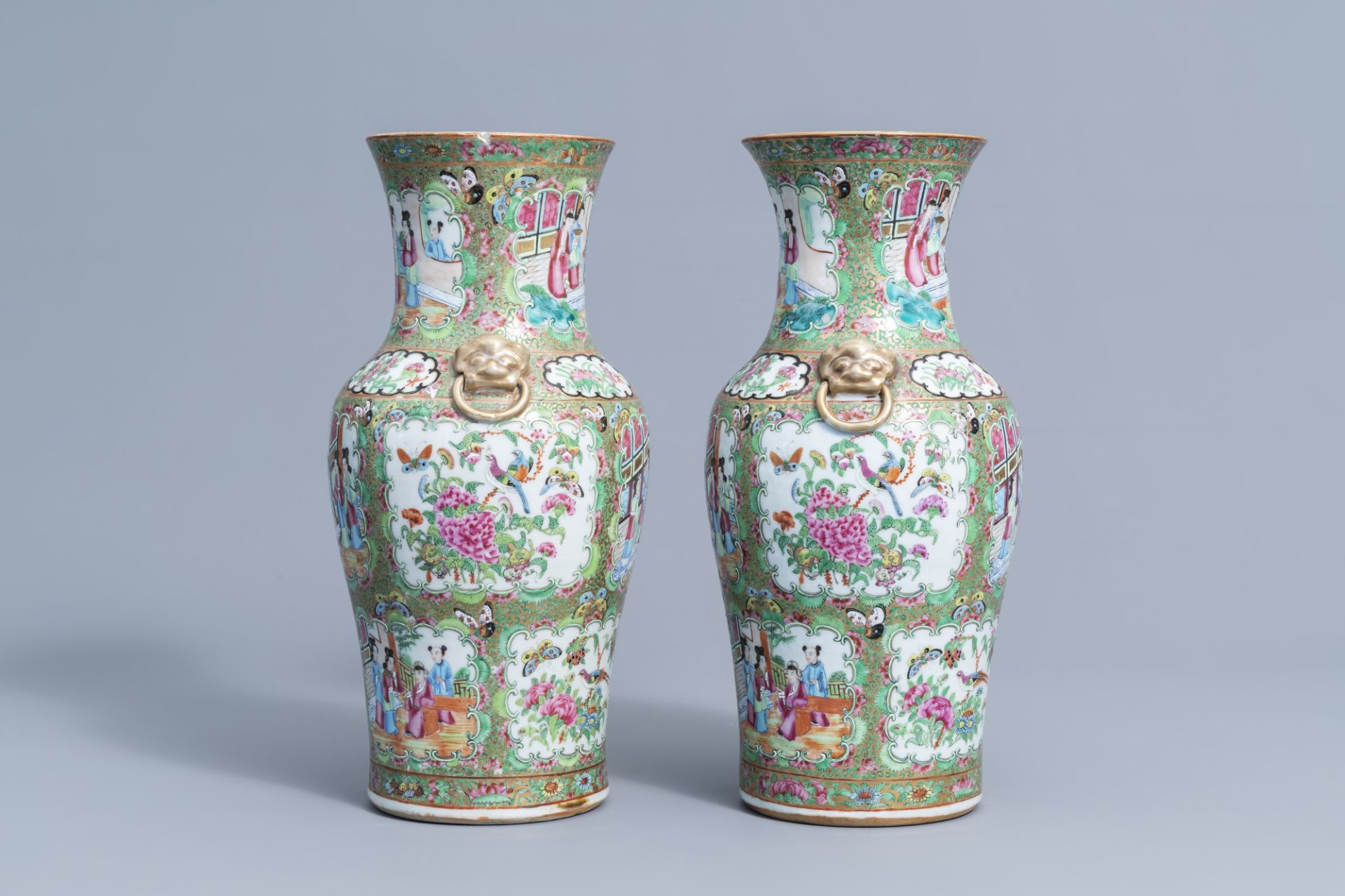 A pair of Chinese Canton famille rose baluster vases, 19th C. - Image 2 of 6