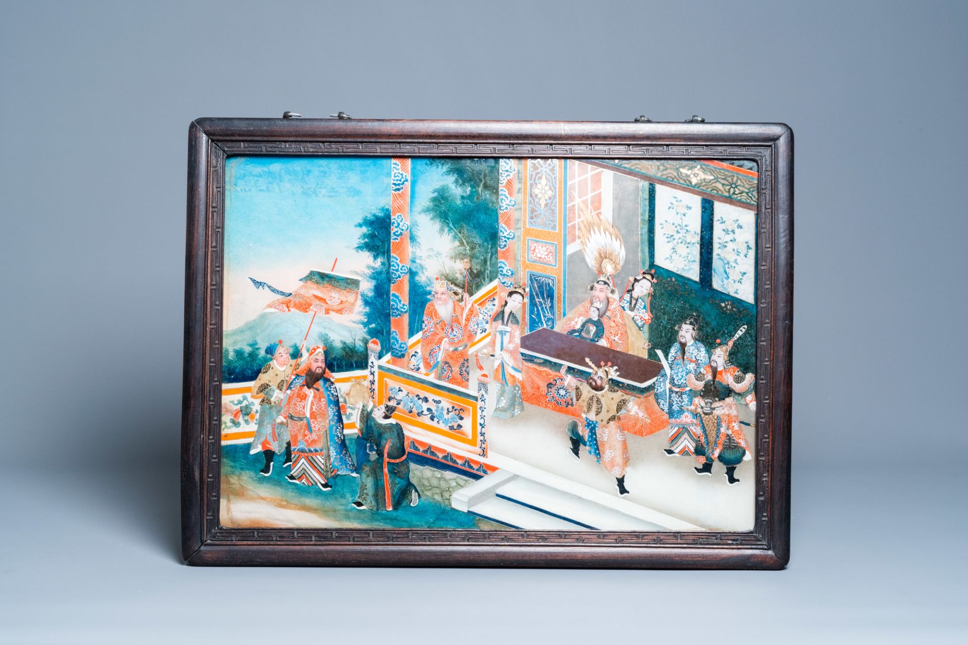 Chinese school, reverse glass painting, 19th C.: An animated palace scene - Image 2 of 3