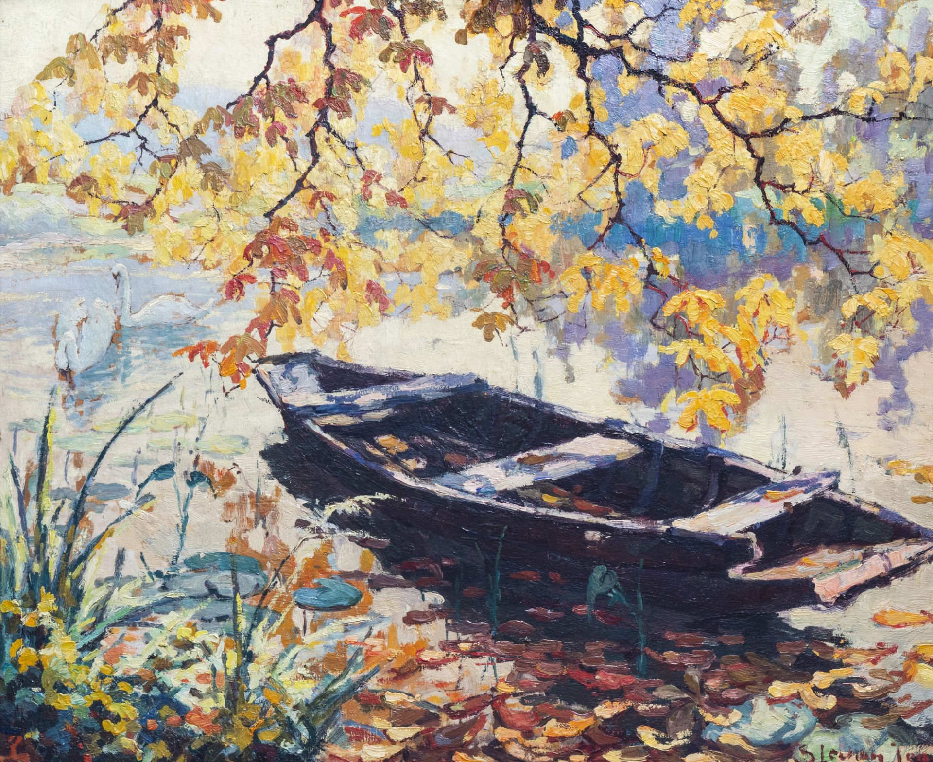 Jean Stevan (1896-1962): Sunlit riverbank with a sloop, oil on board