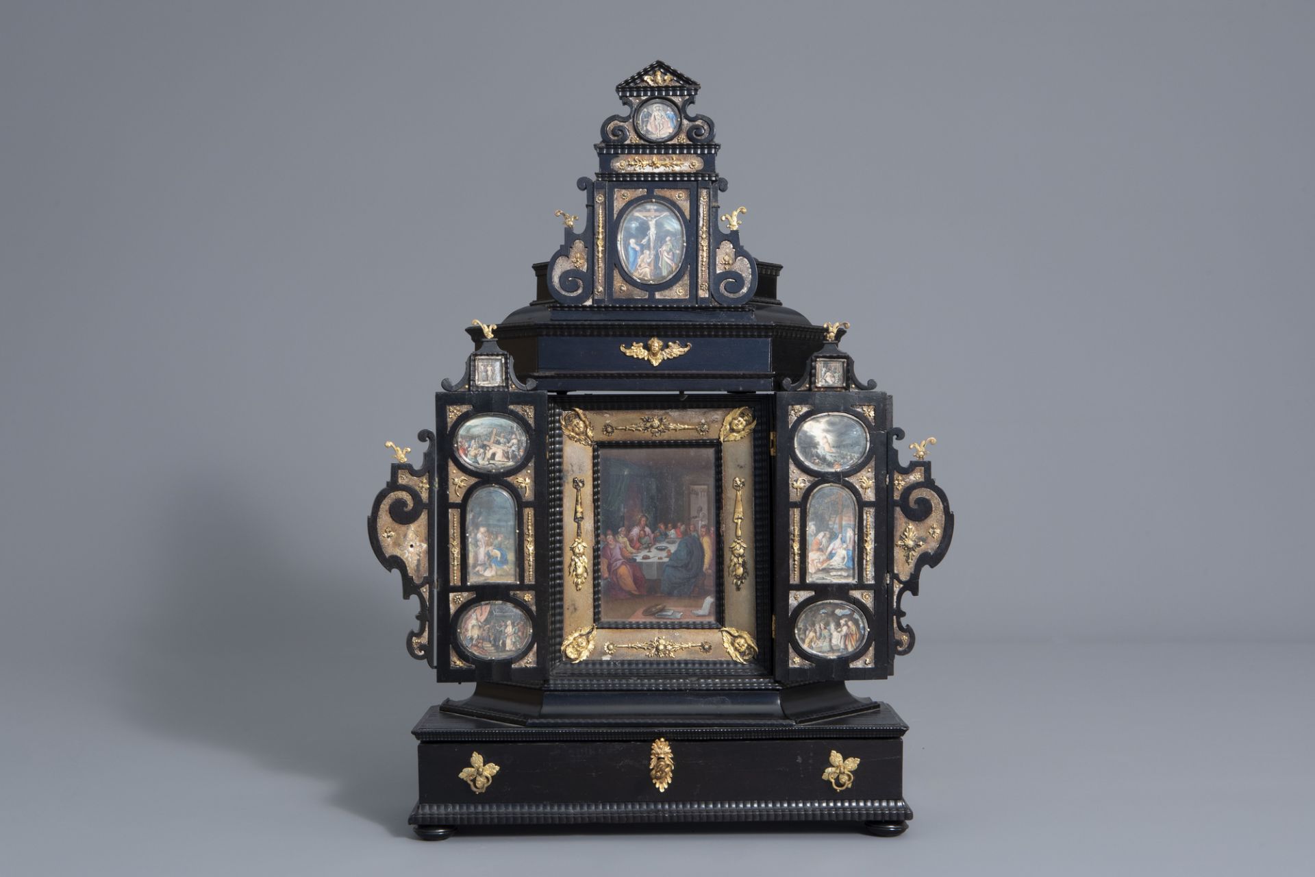 A German ebony portable house altar with gouaches depicting scenes from the life of Christ, Augsburg