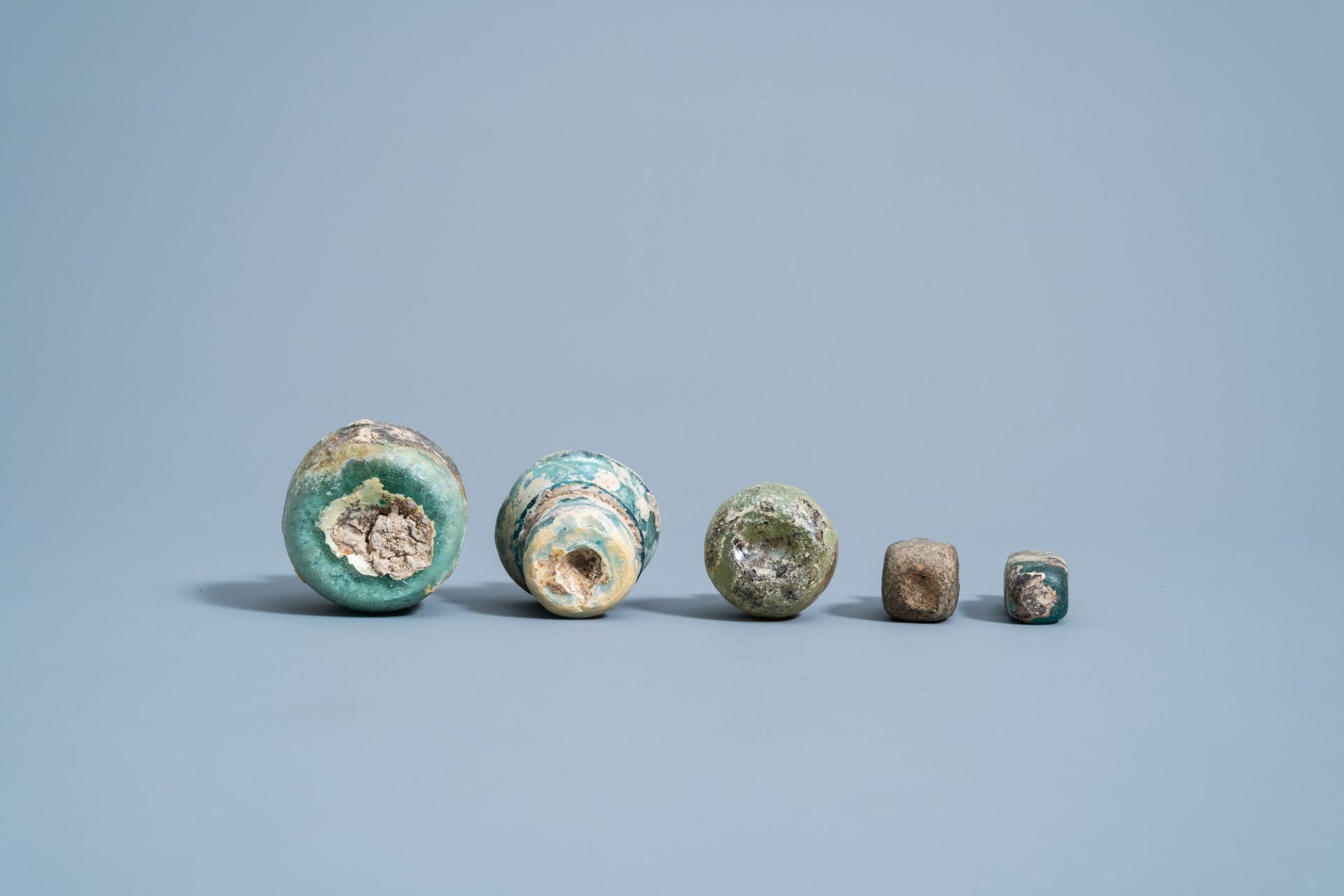 Five various soda glass bottles, jars and flasks, Roman period - Image 5 of 5