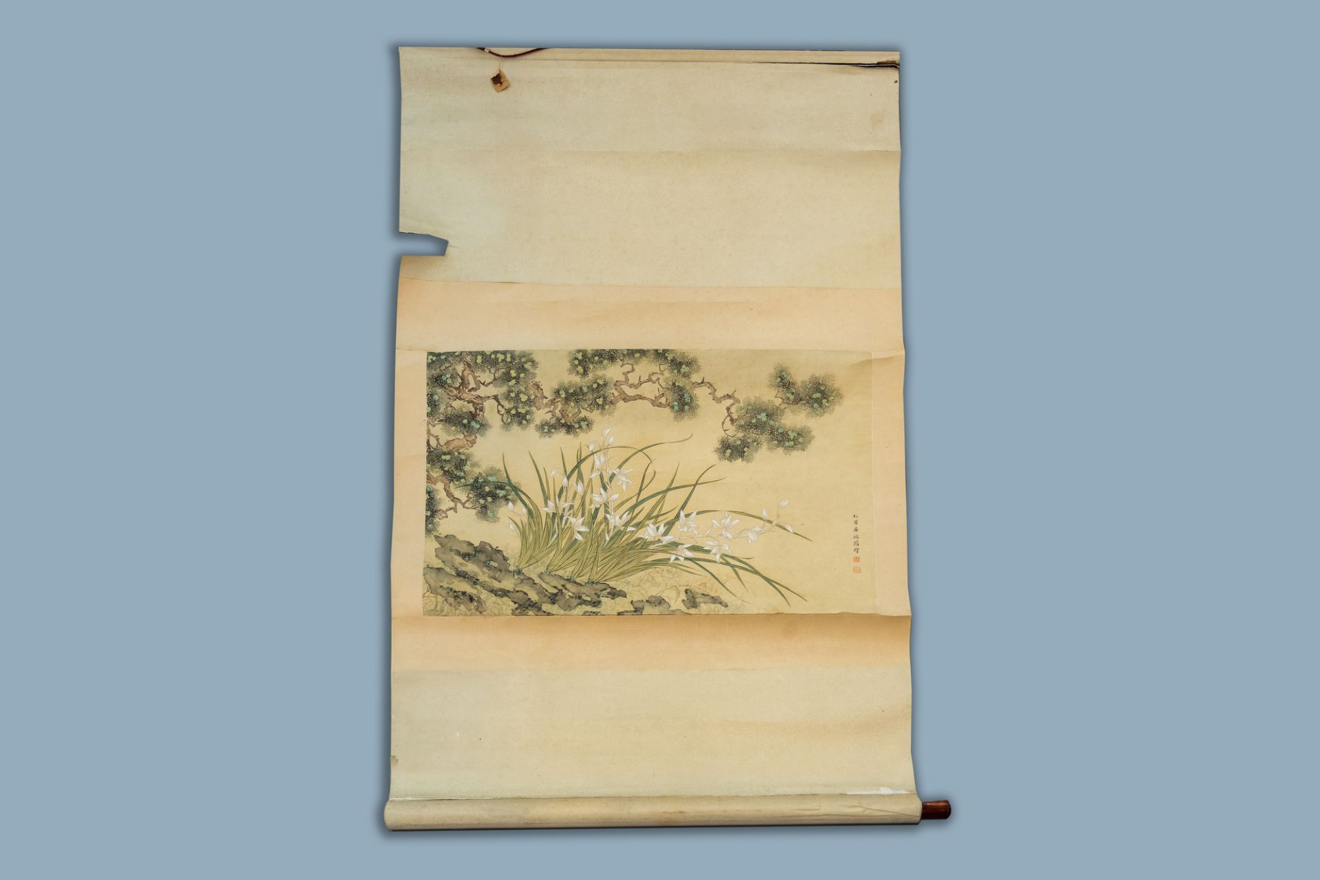 Chinese school, probably Qu Zhaolin (1866-1937), ink and colours on silk: A flowery landscape - Image 2 of 4
