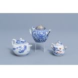 Two Chinese blue and white teapots and an Imari style teapot with floral design, Kangxi en later