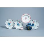 Four Chinese famille rose plates with floral design, a cup and a cloisonne vase and cover, Qianlong