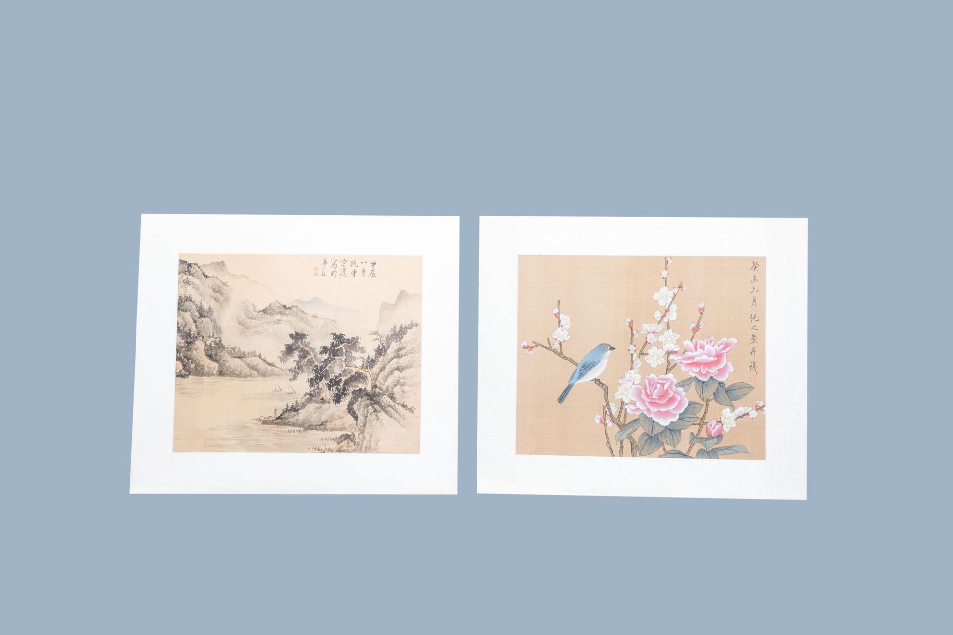 Chinese school, 20th C.: Six various paintings and heightened prints - Image 13 of 14