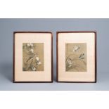 Chinese school, ink and colours on silk, 19th/20th C.: Two works depicting birds between blossoming