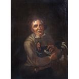 French school: A man with a chicken, oil on canvas, 18th C.