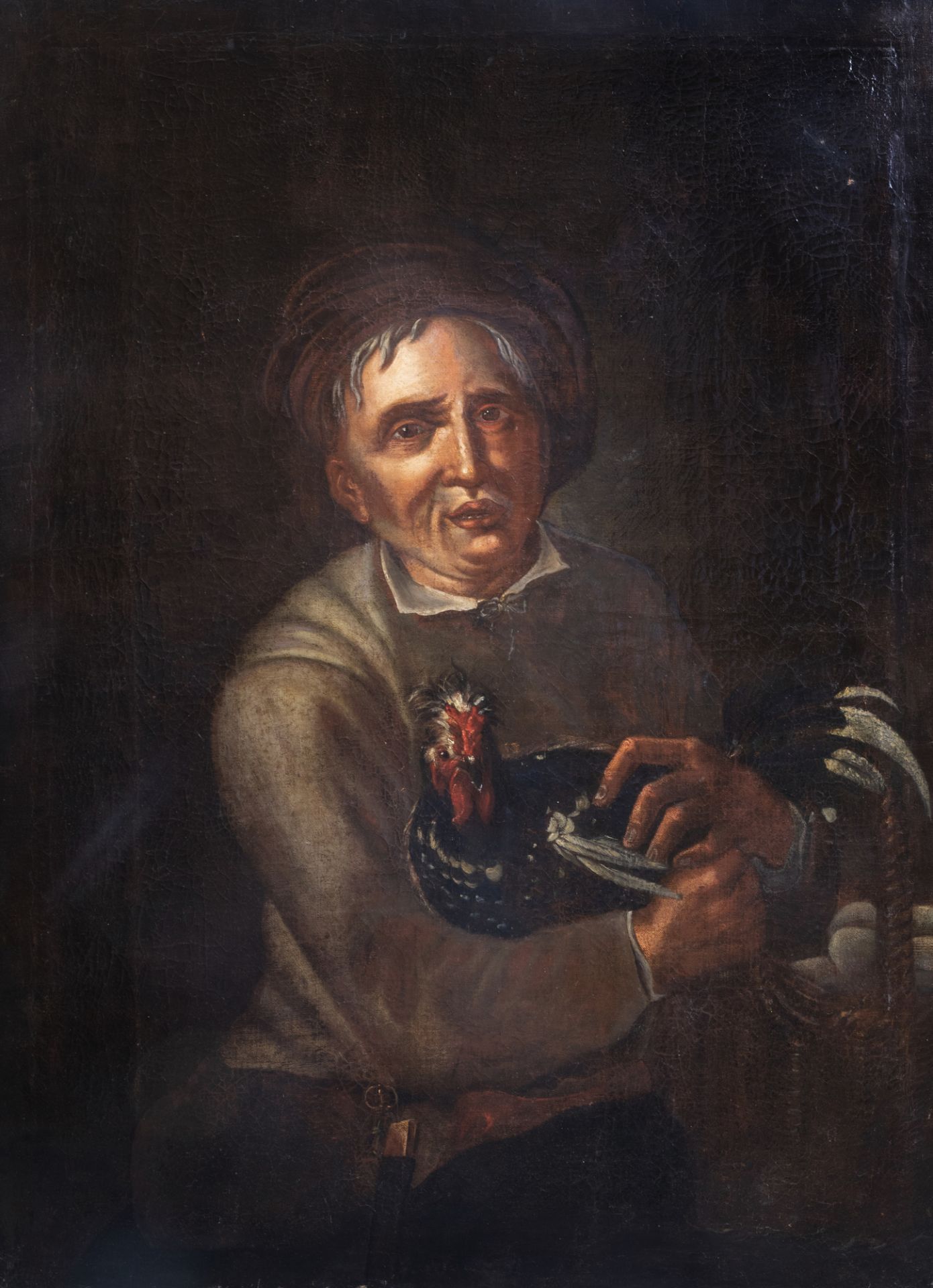 French school: A man with a chicken, oil on canvas, 18th C.