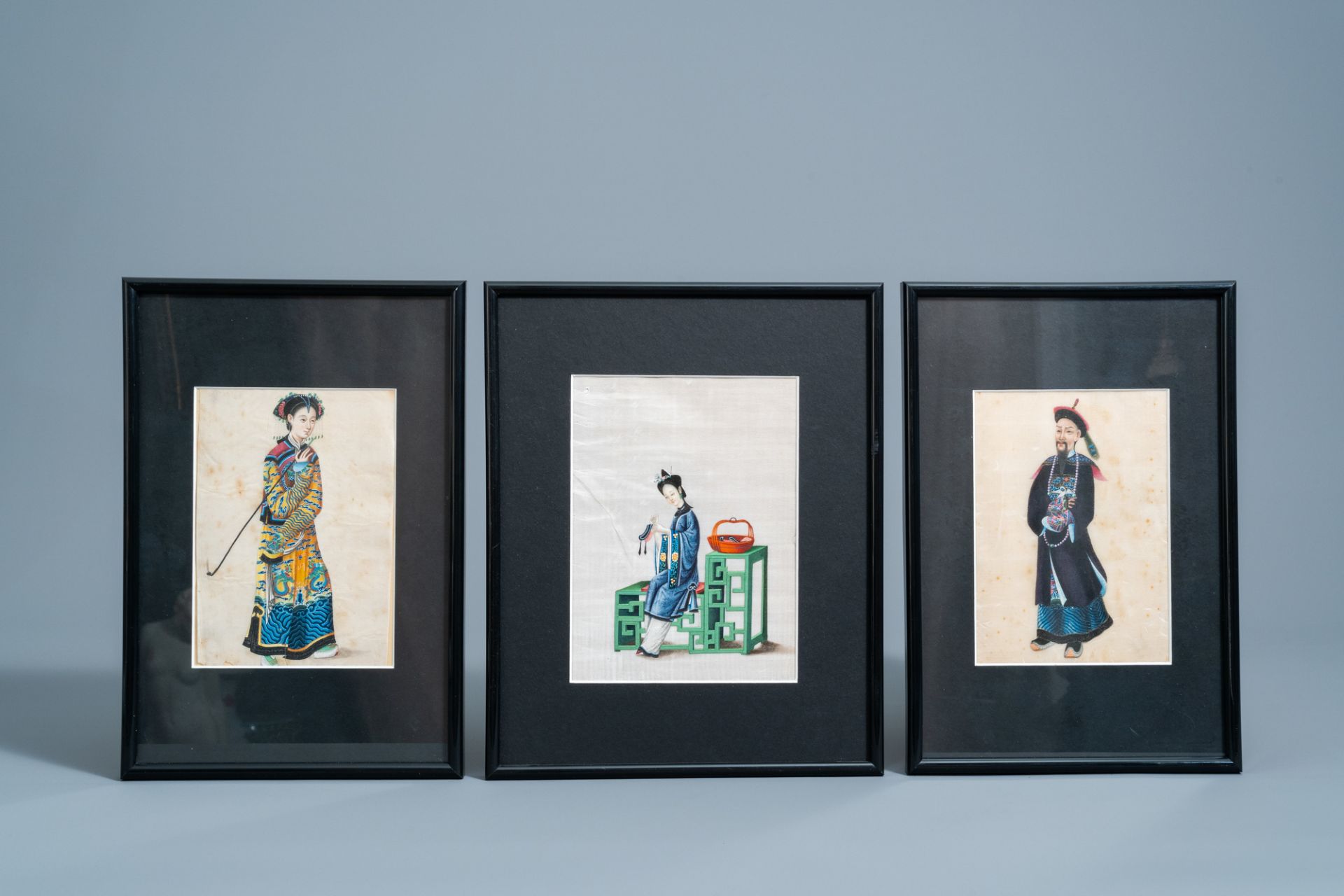 Chinese school, ink and colours on pith paper, 19th C.: Three works with a figure