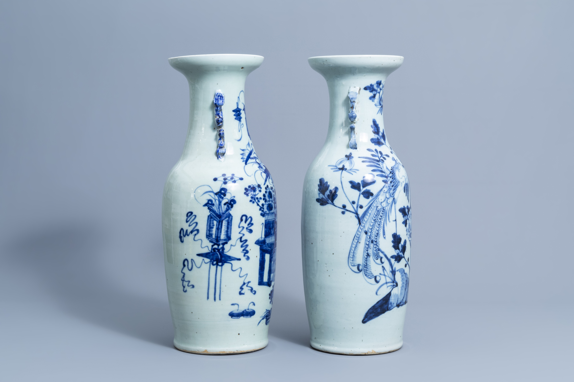 Two Chinese blue and white celadon ground vases with antiquities and phoenixes, 19th/20th C. - Image 2 of 6